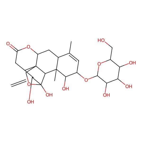 2D Structure of (1S,4R,5R,7S,11R,13S,16S,17S,18S,19R)-4,5,17-trihydroxy-14,18-dimethyl-6-methylidene-16-[(2R,3R,4S,5S,6R)-3,4,5-trihydroxy-6-(hydroxymethyl)oxan-2-yl]oxy-3,10-dioxapentacyclo[9.8.0.01,7.04,19.013,18]nonadec-14-en-9-one