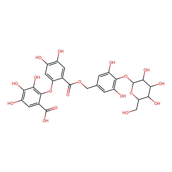 2D Structure of 2-[2-[[3,5-dihydroxy-4-[(2S,3R,4S,5S,6R)-3,4,5-trihydroxy-6-(hydroxymethyl)oxan-2-yl]oxyphenyl]methoxycarbonyl]-4,5-dihydroxyphenoxy]-3,4,5-trihydroxybenzoic acid