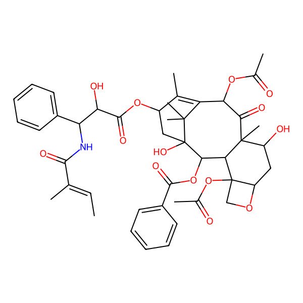 2D Structure of [(1S,2S,3R,4S,7R,9S,10S,12R,15S)-4,12-diacetyloxy-1,9-dihydroxy-15-[2-hydroxy-3-[[(E)-2-methylbut-2-enoyl]amino]-3-phenylpropanoyl]oxy-10,14,17,17-tetramethyl-11-oxo-6-oxatetracyclo[11.3.1.03,10.04,7]heptadec-13-en-2-yl] benzoate