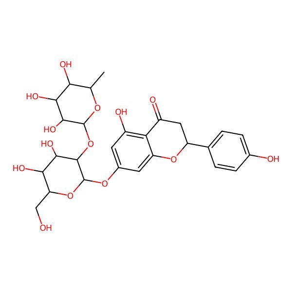 2D Structure of 4H-1-Benzopyran-4-one, 7-[[2-O-(6-deoxy-alpha-L-mannopyranosyl)-beta-D-glucopyranosyl]oxy]-2,3-dihydro-5-hydroxy-2-(4-hydroxyphenyl)-, (2S)-