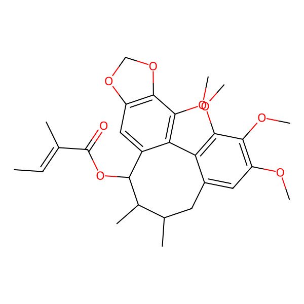 2D Structure of (3,4,5,19-tetramethoxy-9,10-dimethyl-15,17-dioxatetracyclo[10.7.0.02,7.014,18]nonadeca-1(19),2,4,6,12,14(18)-hexaen-11-yl) (Z)-2-methylbut-2-enoate