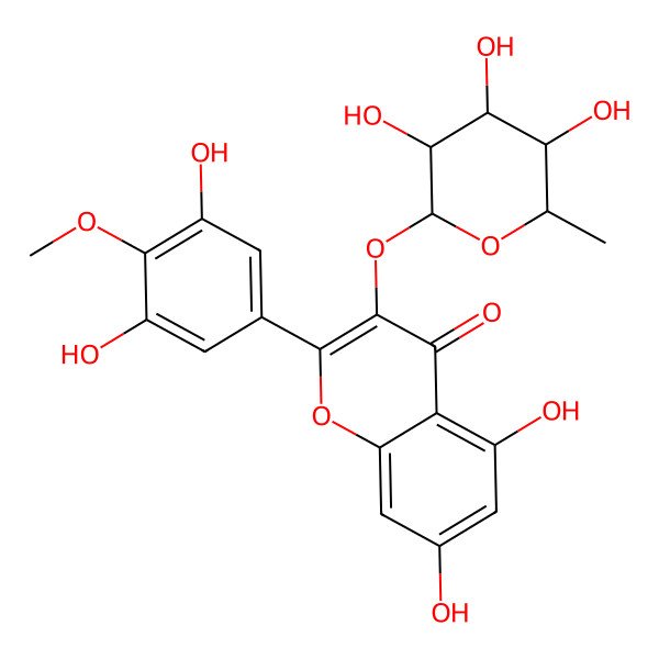 2D Structure of 2-(3,5-dihydroxy-4-methoxyphenyl)-5,7-dihydroxy-3-[(2S,3S,5R)-3,4,5-trihydroxy-6-methyloxan-2-yl]oxychromen-4-one