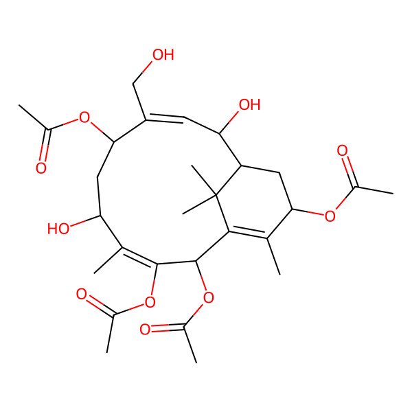 2D Structure of [(2R,3Z,5S,7S,10S,11R,13S)-2,3,7-triacetyloxy-5,10-dihydroxy-8-(hydroxymethyl)-4,14,15,15-tetramethyl-13-bicyclo[9.3.1]pentadeca-1(14),3,8-trienyl] acetate