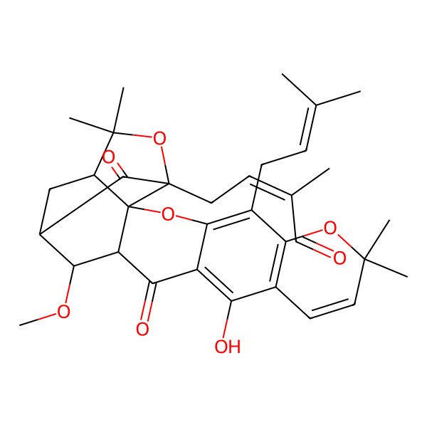 2D Structure of (E)-4-[(1S,2S,15R,16S,17S,19R)-12-hydroxy-16-methoxy-8,8,21,21-tetramethyl-5-(3-methylbut-2-enyl)-14,18-dioxo-3,7,20-trioxahexacyclo[15.4.1.02,15.02,19.04,13.06,11]docosa-4(13),5,9,11-tetraen-19-yl]-2-methylbut-2-enal