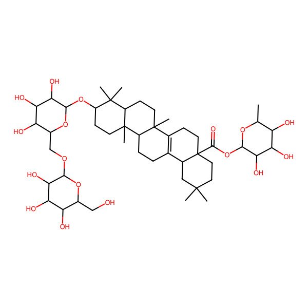 2D Structure of [(2S,3R,4S,5S,6R)-3,4,5-trihydroxy-6-methyloxan-2-yl] (4aS,6bR,12aR)-2,2,6b,9,9,12a-hexamethyl-10-[(2R,3R,4S,5S,6R)-3,4,5-trihydroxy-6-[[(2R,3R,4S,5S,6R)-3,4,5-trihydroxy-6-(hydroxymethyl)oxan-2-yl]oxymethyl]oxan-2-yl]oxy-3,4,5,6,6a,7,8,8a,10,11,12,13,14,14b-tetradecahydro-1H-picene-4a-carboxylate