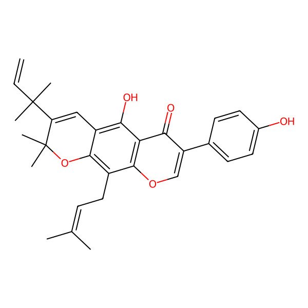 2D Structure of 5-Hydroxy-7-(4-hydroxyphenyl)-2,2-dimethyl-3-(2-methylbut-3-en-2-yl)-10-(3-methylbut-2-enyl)pyrano[3,2-g]chromen-6-one