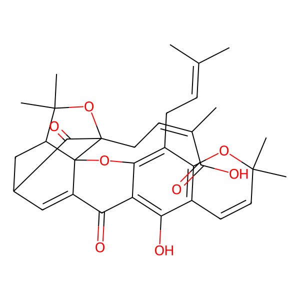 2D Structure of (2Z)-2-Methyl-4-[2,2,14,14-tetramethyl-5-hydroxy-6,9-dioxo-12-(3-methyl-2-butenyl)-10beta,10abeta,8beta-(epoxy[1,2,3]propanetriyl)-8,9,10,10a-tetrahydro-2H,6H-pyrano[3,2-b]xanthene-10-yl]-2-butenoic acid