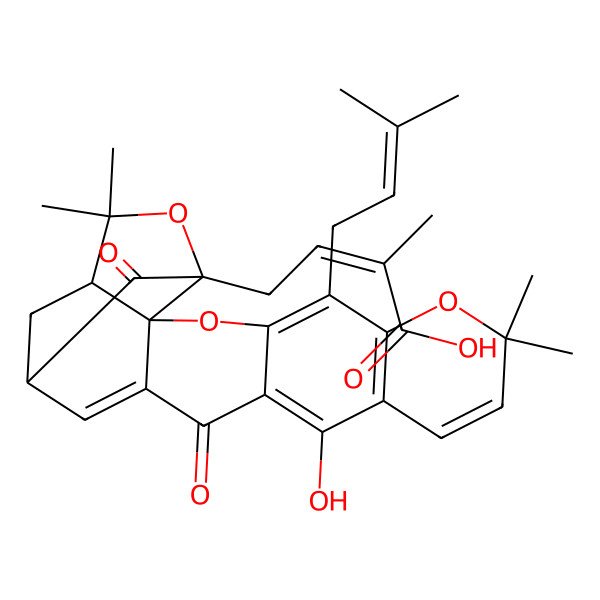 2D Structure of (Z)-4-[(1R,2R,17R,19S)-12-hydroxy-8,8,21,21-tetramethyl-5-(3-methylbut-2-enyl)-14,18-dioxo-3,7,20-trioxahexacyclo[15.4.1.02,15.02,19.04,13.06,11]docosa-4(13),5,9,11,15-pentaen-19-yl]-2-methylbut-2-enoic acid