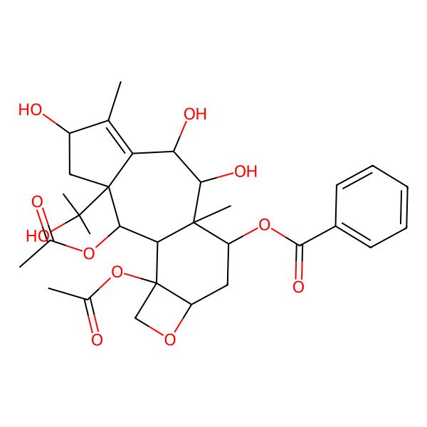 2D Structure of [(8R,10R,11S,13R,16S)-2,16-diacetyloxy-5,8,9-trihydroxy-3-(2-hydroxypropan-2-yl)-6,10-dimethyl-14-oxatetracyclo[8.6.0.03,7.013,16]hexadec-6-en-11-yl] benzoate
