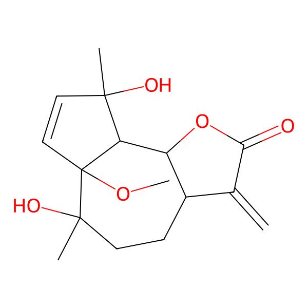 2D Structure of (3aR,6R,6aR,9R,9aR,9bR)-6,9-dihydroxy-6a-methoxy-6,9-dimethyl-3-methylidene-4,5,9a,9b-tetrahydro-3aH-azuleno[4,5-b]furan-2-one