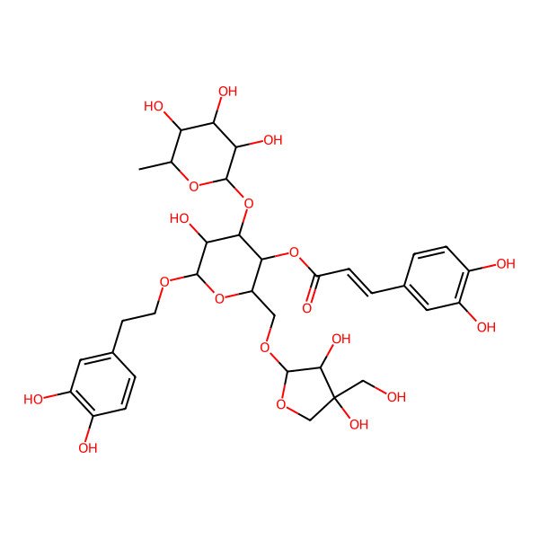2D Structure of 2-(((3,4-dihydroxy-4-(hydroxymethyl)tetrahydrofuran-2-yl)oxy)methyl)-6-(3,4-dihydroxyphenethoxy)-5-hydroxy-4-((3,4,5-trihydroxy-6-methyltetrahydro-2H-pyran-2-yl)oxy)tetrahydro-2H-pyran-3-yl (E)-3-(3,4-dihydroxyphenyl)acrylate
