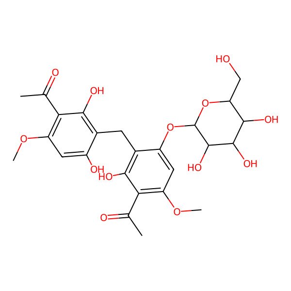 2D Structure of 1-[3-[[3-acetyl-2-hydroxy-4-methoxy-6-[(2S,3R,4S,5S,6R)-3,4,5-trihydroxy-6-(hydroxymethyl)oxan-2-yl]oxyphenyl]methyl]-2,4-dihydroxy-6-methoxyphenyl]ethanone