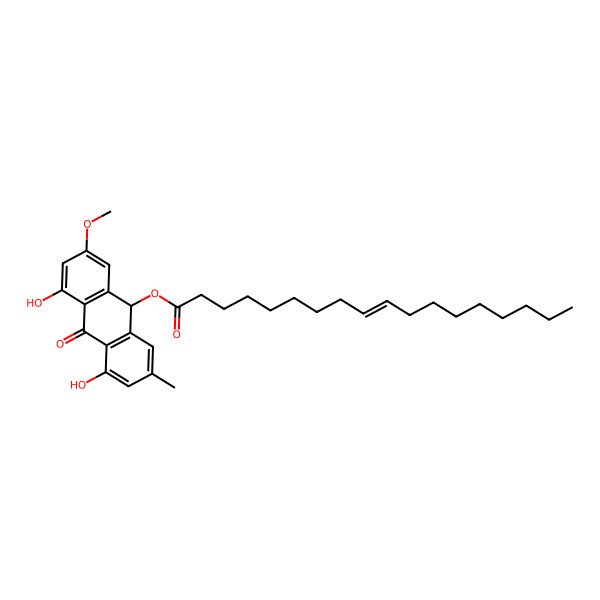 2D Structure of (4,5-dihydroxy-2-methoxy-7-methyl-10-oxo-9H-anthracen-9-yl) (E)-octadec-9-enoate 2D Structure of (4,5-dihydroxy-2-methoxy-7-methyl-10-oxo-9H-anthracen-9-yl) (E)-octadec-9-enoate