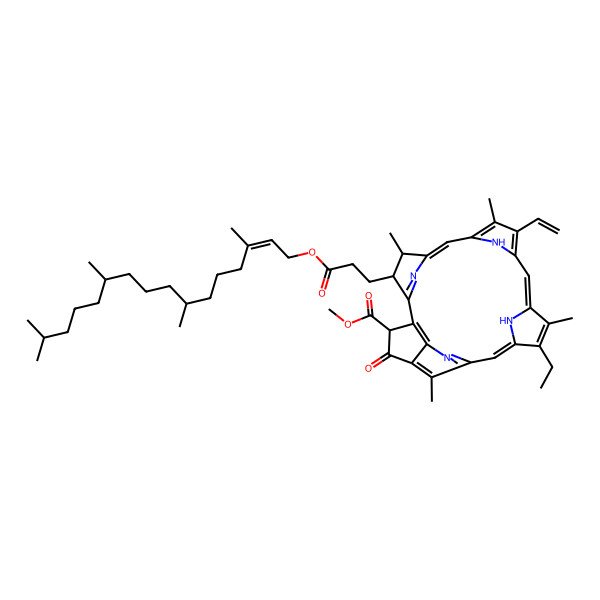 2D Structure of methyl 16-ethenyl-11-ethyl-12,17,21,26-tetramethyl-4-oxo-22-[3-oxo-3-[(E)-3,7,11,15-tetramethylhexadec-2-enoxy]propyl]-7,23,24,25-tetrazahexacyclo[18.2.1.15,8.110,13.115,18.02,6]hexacosa-1(23),2(6),5(26),7,9,11,13,15,17,19-decaene-3-carboxylate