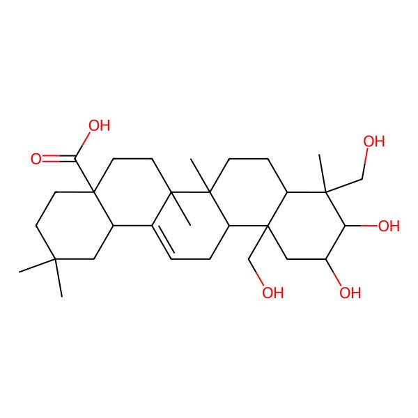 2D Structure of (4aS,6aS,6aS,6bR,8aR,10R,11R,12aS,14bS)-10,11-dihydroxy-9,12a-bis(hydroxymethyl)-2,2,6a,6b,9-pentamethyl-1,3,4,5,6,6a,7,8,8a,10,11,12,13,14b-tetradecahydropicene-4a-carboxylic acid