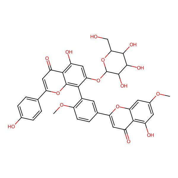 2D Structure of 5-hydroxy-8-[5-(5-hydroxy-7-methoxy-4-oxochromen-2-yl)-2-methoxyphenyl]-2-(4-hydroxyphenyl)-7-[(2S,3R,4S,5S,6R)-3,4,5-trihydroxy-6-(hydroxymethyl)oxan-2-yl]oxychromen-4-one