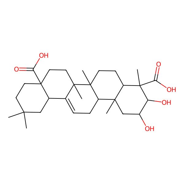 2D Structure of (2S,3R,4S,4aS,6aR,6bS,8aS,12aS,14aR,14bR)-2,3-dihydroxy-4,6a,6b,11,11,14b-hexamethyl-1,2,3,4a,5,6,7,8,9,10,12,12a,14,14a-tetradecahydropicene-4,8a-dicarboxylic acid