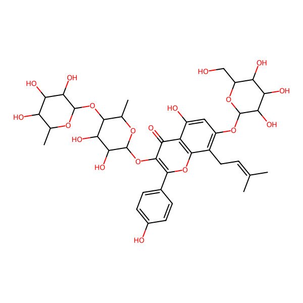 2D Structure of 3-[(2S,3R,4S,5R,6S)-3,4-dihydroxy-6-methyl-5-[(2S,3R,4R,5R,6S)-3,4,5-trihydroxy-6-methyloxan-2-yl]oxyoxan-2-yl]oxy-5-hydroxy-2-(4-hydroxyphenyl)-8-(3-methylbut-2-enyl)-7-[(2S,3R,4S,5S,6R)-3,4,5-trihydroxy-6-(hydroxymethyl)oxan-2-yl]oxychromen-4-one