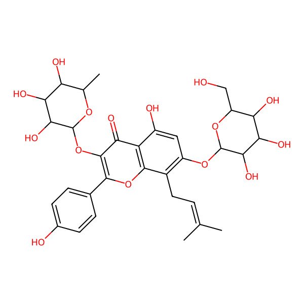 2D Structure of 5-hydroxy-2-(4-hydroxyphenyl)-8-(3-methylbut-2-enyl)-7-[(2S,4S,5S)-3,4,5-trihydroxy-6-(hydroxymethyl)oxan-2-yl]oxy-3-[(2S,3S,5R)-3,4,5-trihydroxy-6-methyloxan-2-yl]oxychromen-4-one