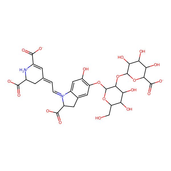 2D Structure of (2S,4E)-4-[2-[(2S)-2-carboxylato-5-[(3R,4S,5S,6R)-3-[(3R,4S,5S,6S)-6-carboxylato-3,4,5-trihydroxyoxan-2-yl]oxy-4,5-dihydroxy-6-(hydroxymethyl)oxan-2-yl]oxy-6-hydroxy-2,3-dihydroindol-1-ium-1-ylidene]ethylidene]-2,3-dihydro-1H-pyridin-1-ium-2,6-dicarboxylate
