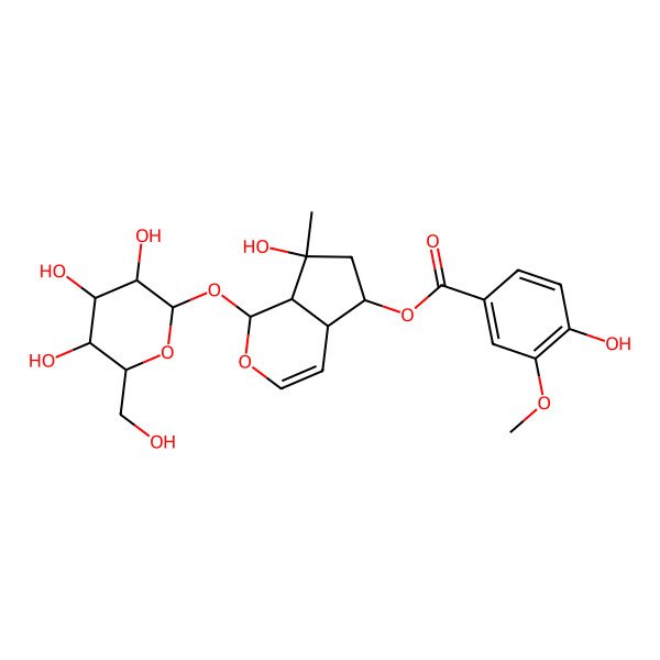 2D Structure of [(1S,4aR,7aS)-7-hydroxy-7-methyl-1-[(2S,3R,4S,5S,6R)-3,4,5-trihydroxy-6-(hydroxymethyl)oxan-2-yl]oxy-4a,5,6,7a-tetrahydro-1H-cyclopenta[c]pyran-5-yl] 4-hydroxy-3-methoxybenzoate