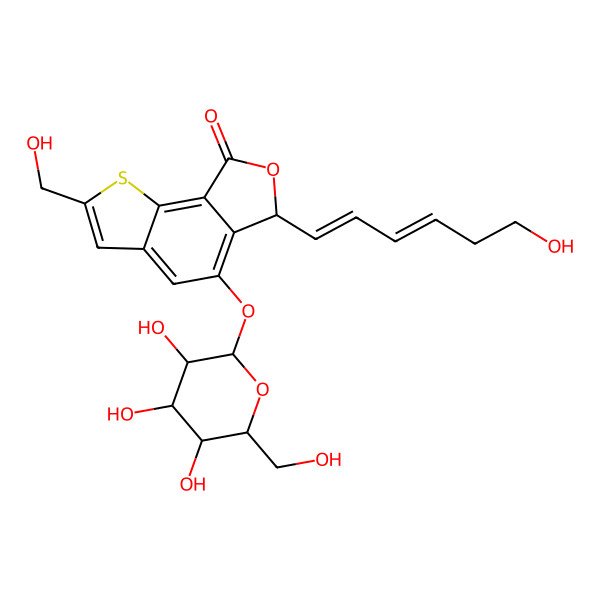2D Structure of (6R)-6-[(1E,3E)-6-hydroxyhexa-1,3-dienyl]-2-(hydroxymethyl)-5-[(2S,3R,4S,5S,6R)-3,4,5-trihydroxy-6-(hydroxymethyl)oxan-2-yl]oxy-6H-thieno[3,2-g][2]benzofuran-8-one