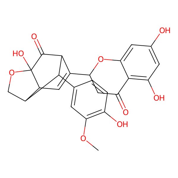 2D Structure of (3R)-9-[(2S)-5,7-dihydroxy-4-oxo-2,3-dihydrochromen-2-yl]-3-hydroxy-10-(4-hydroxy-3-methoxyphenyl)-4-oxatricyclo[4.3.1.03,7]dec-8-en-2-one