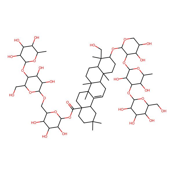 2D Structure of [(2S,3R,4S,5S,6R)-6-[[(2R,3R,4R,5S,6R)-3,4-dihydroxy-6-(hydroxymethyl)-5-[(2S,3R,4R,5R,6S)-3,4,5-trihydroxy-6-methyloxan-2-yl]oxyoxan-2-yl]oxymethyl]-3,4,5-trihydroxyoxan-2-yl] (4aS,6aS,6bR,9R,10S,12aR)-10-[(2S,3R,4S,5S)-3-[(2S,3R,4R,5S,6S)-3,5-dihydroxy-6-methyl-4-[(2S,3R,4S,5S,6R)-3,4,5-trihydroxy-6-(hydroxymethyl)oxan-2-yl]oxyoxan-2-yl]oxy-4,5-dihydroxyoxan-2-yl]oxy-9-(hydroxymethyl)-2,2,6a,6b,9,12a-hexamethyl-1,3,4,5,6,6a,7,8,8a,10,11,12,13,14b-tetradecahydropicene-4a-carboxylate