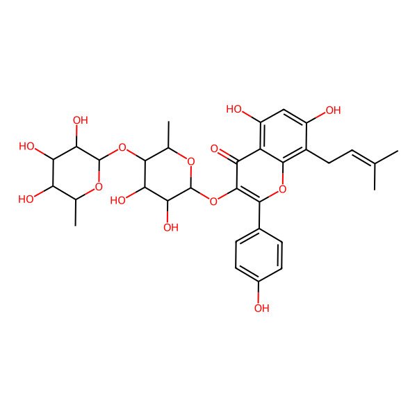 2D Structure of 3-[(2S,3R,4S,5R,6S)-3,4-dihydroxy-6-methyl-5-[(2S,3R,4R,5S,6S)-3,4,5-trihydroxy-6-methyloxan-2-yl]oxyoxan-2-yl]oxy-5,7-dihydroxy-2-(4-hydroxyphenyl)-8-(3-methylbut-2-enyl)chromen-4-one