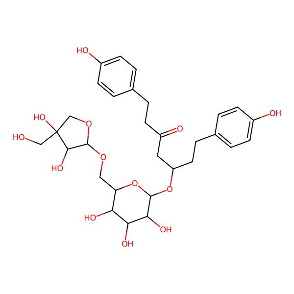 2D Structure of (5S)-5-[(2R,3R,4S,5S,6R)-6-[[(2R,3R,4R)-3,4-dihydroxy-4-(hydroxymethyl)oxolan-2-yl]oxymethyl]-3,4,5-trihydroxyoxan-2-yl]oxy-1,7-bis(4-hydroxyphenyl)heptan-3-one