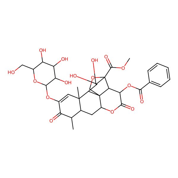 2D Structure of Picras-1-en-21-oic acid, 15-(benzoyloxy)-13,20-epoxy-2-(beta-D-glucopyranosyloxy)-11,12-di-hydroxy-3,16-dioxo-, methyl ester, (11beta,12alpha,15beta)-