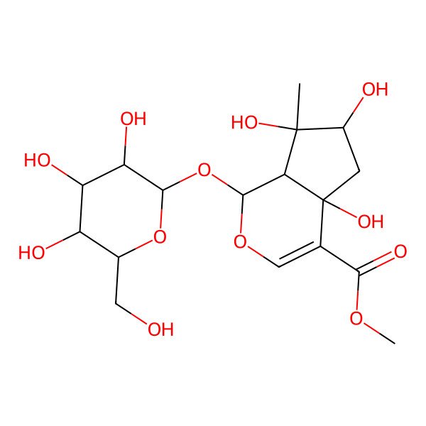 2D Structure of methyl (1R,4aS,6R,7S,7aR)-4a,6,7-trihydroxy-7-methyl-1-[(2S,3R,4S,5S,6R)-3,4,5-trihydroxy-6-(hydroxymethyl)oxan-2-yl]oxy-1,5,6,7a-tetrahydrocyclopenta[c]pyran-4-carboxylate