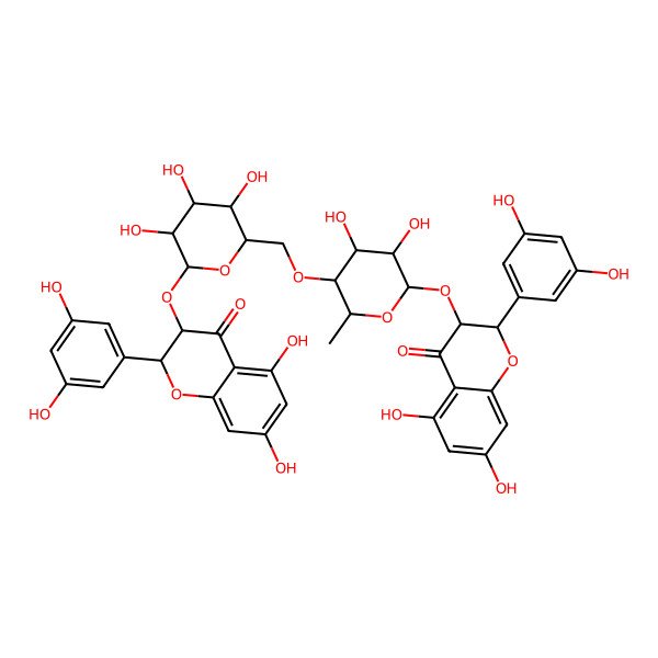 2D Structure of 2-(3,5-Dihydroxyphenyl)-3-[5-[[6-[[2-(3,5-dihydroxyphenyl)-5,7-dihydroxy-4-oxo-2,3-dihydrochromen-3-yl]oxy]-3,4,5-trihydroxyoxan-2-yl]methoxy]-3,4-dihydroxy-6-methyloxan-2-yl]oxy-5,7-dihydroxy-2,3-dihydrochromen-4-one