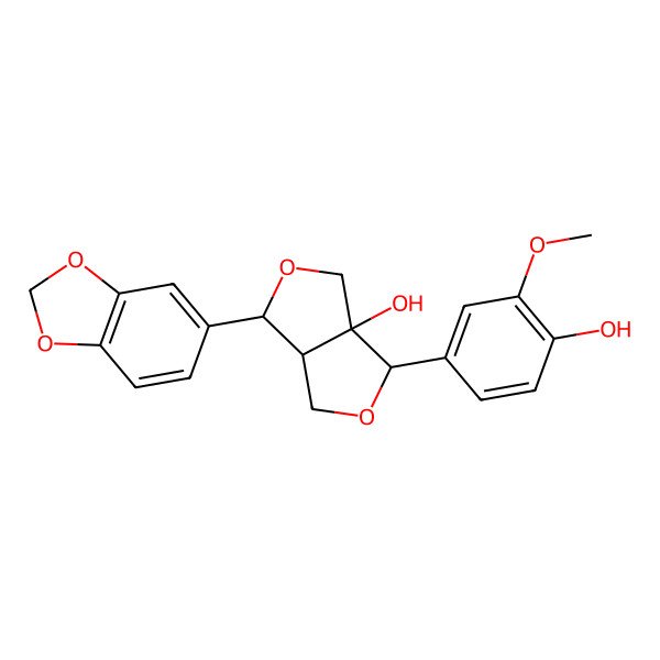2D Structure of 1alpha-(1,3-Benzodioxole-5-yl)-3aalpha-hydroxy-4alpha-(3-methoxy-4-hydroxyphenyl)-3aalpha,4,6,6aalpha-tetrahydro-1H,3H-furo[3,4-c]furan