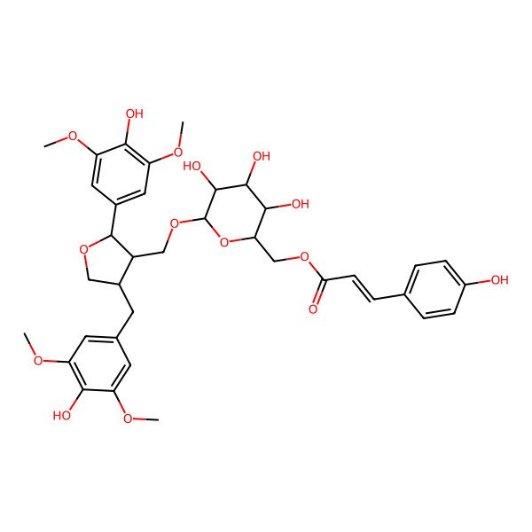 2D Structure of (2S)-2alpha-(3,5-Dimethoxy-4-hydroxyphenyl)-3beta-[6-O-[(E)-3-(4-hydroxyphenyl)acryloyl]-beta-D-glucopyranosyloxymethyl]-4beta-(3,5-dimethoxy-4-hydroxybenzyl)tetrahydrofuran