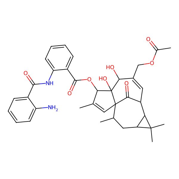 2D Structure of [(1S,4S,5S,6R,9S,10R,12R,14R)-7-(acetyloxymethyl)-5,6-dihydroxy-3,11,11,14-tetramethyl-15-oxo-4-tetracyclo[7.5.1.01,5.010,12]pentadeca-2,7-dienyl] 2-[(2-aminobenzoyl)amino]benzoate