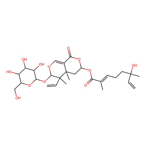 2D Structure of [5-ethenyl-4a,5-dimethyl-1-oxo-6-[(2S,3R,4S,5S,6R)-3,4,5-trihydroxy-6-(hydroxymethyl)oxan-2-yl]oxy-4,6-dihydro-3H-pyrano[3,4-c]pyran-3-yl] (2E)-6-hydroxy-2,6-dimethylocta-2,7-dienoate