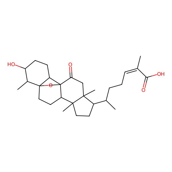 2D Structure of (E)-6-[(1R,4S,9R,16S,17S)-16-hydroxy-5,9,17-trimethyl-11-oxo-18-oxapentacyclo[10.5.2.01,13.04,12.05,9]nonadecan-8-yl]-2-methylhept-2-enoic acid