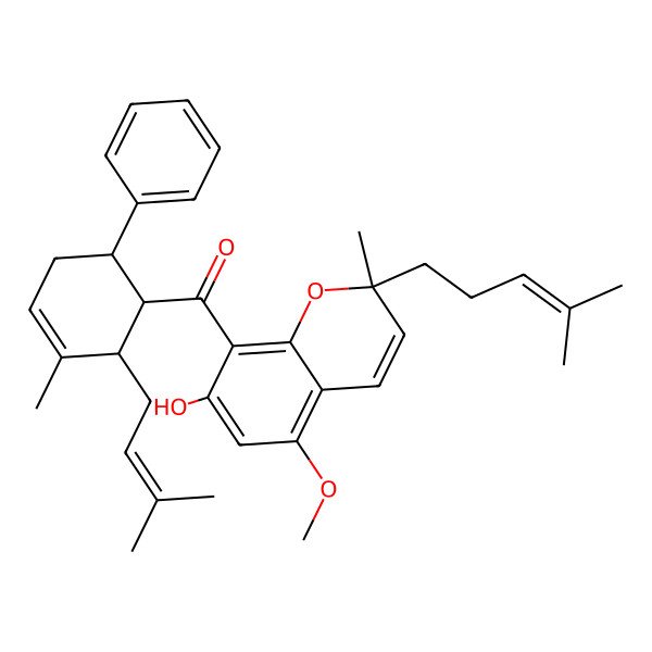 2D Structure of [(2S)-7-Hydroxy-5-methoxy-2-methyl-2-(4-methyl-3-pentenyl)-2H-1-benzopyran-8-yl][(1R,2S,6R)-3-methyl-2-(3-methyl-2-butenyl)-6-phenyl-3-cyclohexenyl]methanone