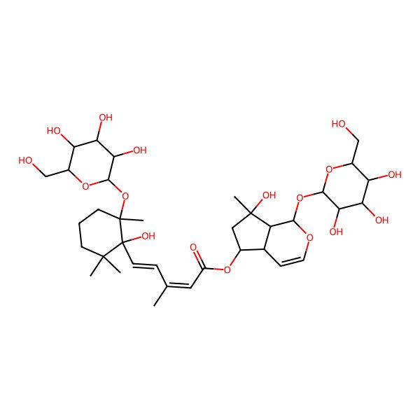 2D Structure of [(1S,4aR,5R,7S,7aS)-7-hydroxy-7-methyl-1-[(2S,3R,4S,5S,6R)-3,4,5-trihydroxy-6-(hydroxymethyl)oxan-2-yl]oxy-4a,5,6,7a-tetrahydro-1H-cyclopenta[c]pyran-5-yl] (2E,4E)-5-[(1R,6R)-1-hydroxy-2,2,6-trimethyl-6-[(2S,3R,4S,5S,6R)-3,4,5-trihydroxy-6-(hydroxymethyl)oxan-2-yl]oxycyclohexyl]-3-methylpenta-2,4-dienoate