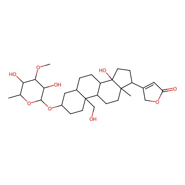 2D Structure of 3-[(5R,10R,14S)-3-[(2R,3S,4R,5S,6S)-3,5-dihydroxy-4-methoxy-6-methyloxan-2-yl]oxy-14-hydroxy-10-(hydroxymethyl)-13-methyl-1,2,3,4,5,6,7,8,9,11,12,15,16,17-tetradecahydrocyclopenta[a]phenanthren-17-yl]-2H-furan-5-one