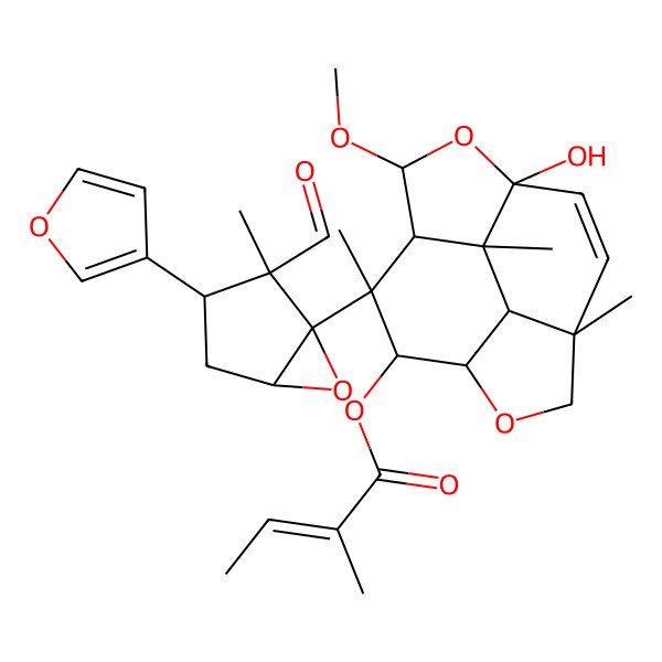 2D Structure of [(1S,3R,4R,5S,6S,7R,10R,13S,14S)-5-[(1S,2S,3S,5R)-2-formyl-3-(furan-3-yl)-2-methyl-6-oxabicyclo[3.1.0]hexan-1-yl]-1-hydroxy-3-methoxy-5,10,13-trimethyl-2,8-dioxatetracyclo[5.5.2.04,13.010,14]tetradec-11-en-6-yl] (E)-2-methylbut-2-enoate