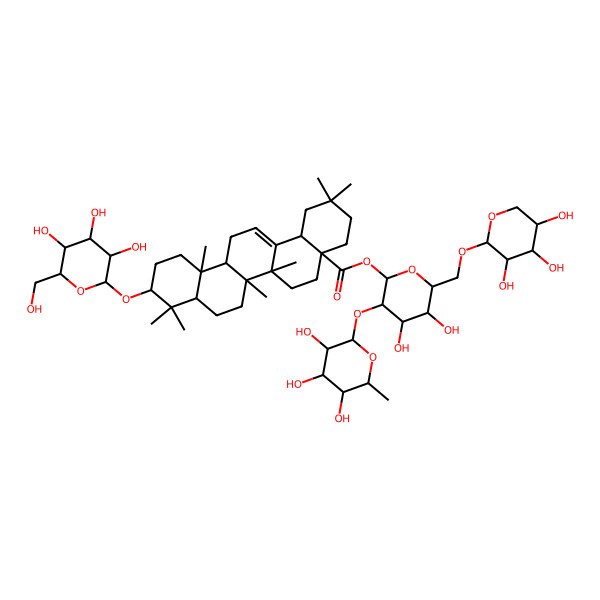 2D Structure of 3beta-(beta-D-Glucopyranosyloxy)oleana-12-ene-28-oic acid 2-O-alpha-L-rhamnopyranosyl-6-O-beta-D-xylopyranosyl-beta-D-glucopyranosyl ester 2D Structure of 3beta-(beta-D-Glucopyranosyloxy)oleana-12-ene-28-oic acid 2-O-alpha-L-rhamnopyranosyl-6-O-beta-D-xylopyranosyl-beta-D-glucopyranosyl ester