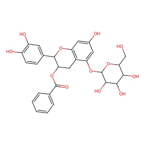 2D Structure of [(2R,3R)-2-(3,4-dihydroxyphenyl)-7-hydroxy-5-[(2S,3R,4S,5S,6R)-3,4,5-trihydroxy-6-(hydroxymethyl)oxan-2-yl]oxy-3,4-dihydro-2H-chromen-3-yl] benzoate
