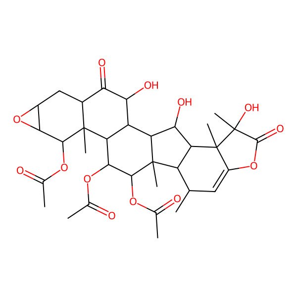 2D Structure of 11,12-Bis(acetyloxy)-5,6,7-trihydroxy-1,5,5a,11a,13a-pentamethyl-4,8-dioxo-4,5,5a,5b,6,6a,6b,7,8,8a,9,9a,10a,11,11a,11b,12,13,13a,13b-icosahydro-1H-oxireno[2'',3'':6',7']naphtho[1',2':7,8]fluoreno[2,1-b]furan-13-yl acetate