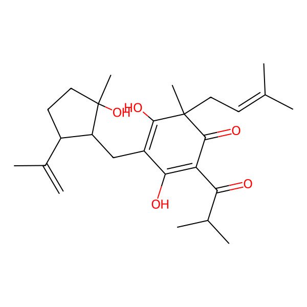 2D Structure of (6R)-3,5-dihydroxy-4-[[(1S,2R,5R)-2-hydroxy-2-methyl-5-prop-1-en-2-ylcyclopentyl]methyl]-6-methyl-6-(3-methylbut-2-enyl)-2-(2-methylpropanoyl)cyclohexa-2,4-dien-1-one
