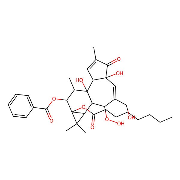2D Structure of [(1R,2S,6R,9R,10R,11R,13S,14R,15R)-9-hydroperoxy-1,6-dihydroxy-8-(hydroxymethyl)-4,12,12,15-tetramethyl-13-octanoyloxy-5-oxo-14-tetracyclo[8.5.0.02,6.011,13]pentadeca-3,7-dienyl] benzoate