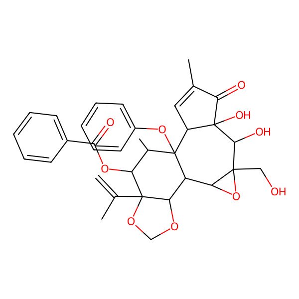 2D Structure of [(1S,2S,4R,5S,6S,10R,11R,12R,13R,14R,18R)-5,6-dihydroxy-4-(hydroxymethyl)-8,12-dimethyl-7-oxo-11-phenoxy-14-prop-1-en-2-yl-3,15,17-trioxapentacyclo[9.7.0.02,4.06,10.014,18]octadec-8-en-13-yl] benzoate