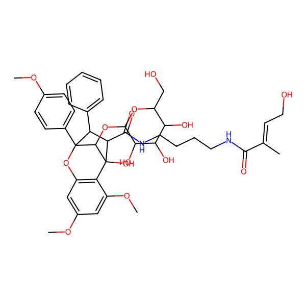 2D Structure of (1R,9R,10S,11R,12S)-1-hydroxy-N-[4-[[(E)-4-hydroxy-2-methylbut-2-enoyl]amino]butyl]-3,5-dimethoxy-9-(4-methoxyphenyl)-10-phenyl-12-[(2S,3R,4S,5S,6R)-3,4,5-trihydroxy-6-(hydroxymethyl)oxan-2-yl]oxy-8-oxatricyclo[7.2.1.02,7]dodeca-2(7),3,5-triene-11-carboxamide