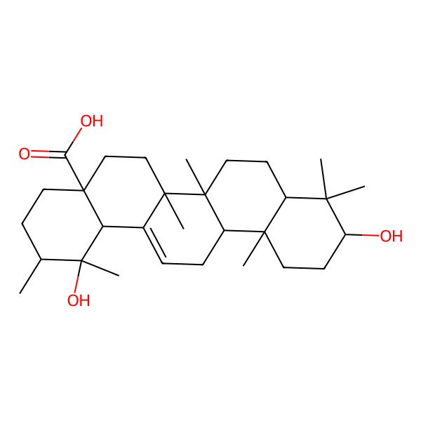 2D Structure of (1R,2R,4aS,6aR,6aS,6bR,8aR,10R,12aR)-1,10-dihydroxy-1,2,6a,6b,9,9,12a-heptamethyl-2,3,4,5,6,6a,7,8,8a,10,11,12,13,14b-tetradecahydropicene-4a-carboxylic acid